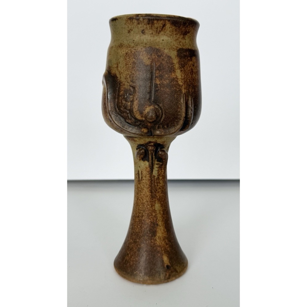 Flat Earth Studio Pottery Goblet Signed DK3 or DKB 1981 Rustic Brown 8.5" EUC